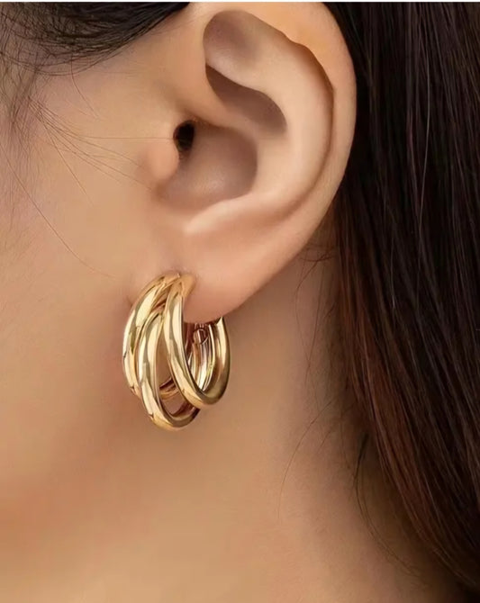 Classic Triple Hoop Gold Plated Huggie Style Earrings