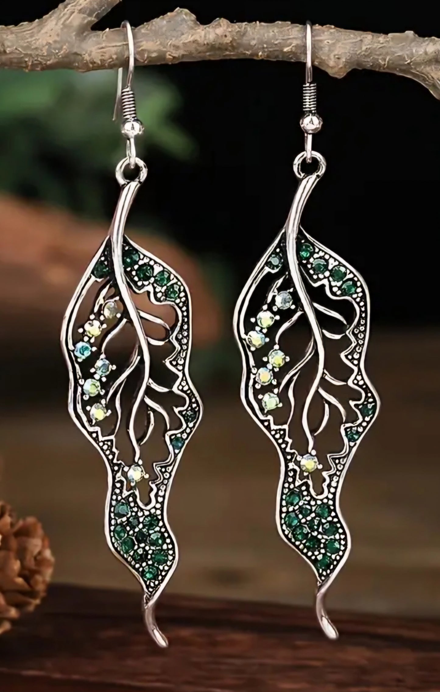 Boho Curly Leaf Leaves Silver Plated Green Rhinestones Drop Dangle Earrings