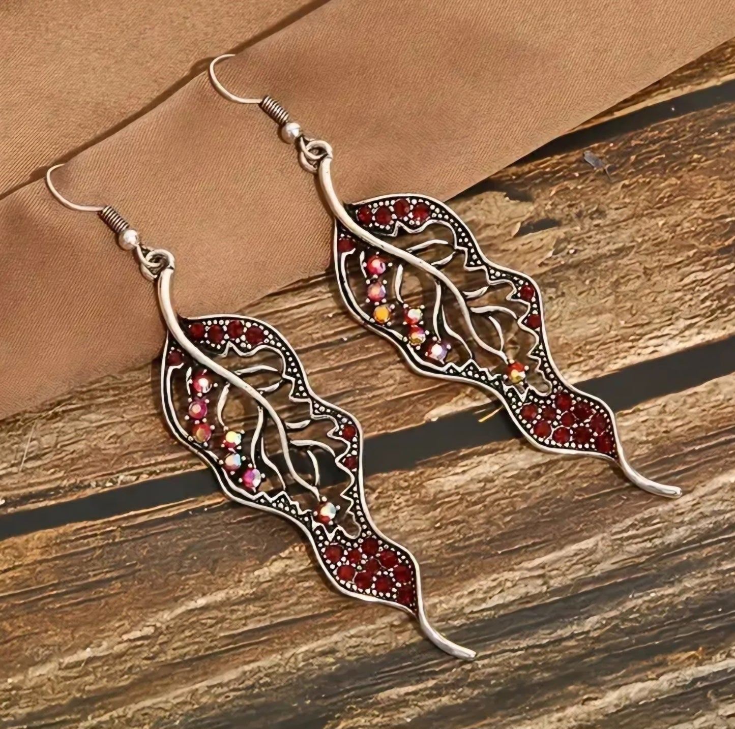 Boho Curly Leaf Leaves Silver Plated Red Rhinestones Drop Dangle Earrings