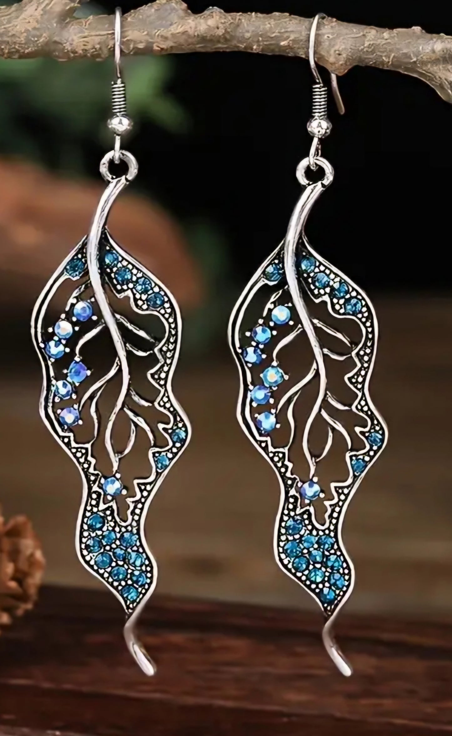 Boho Curly Leaf Leaves Silver Plated Blue Rhinestones Drop Dangle Earrings