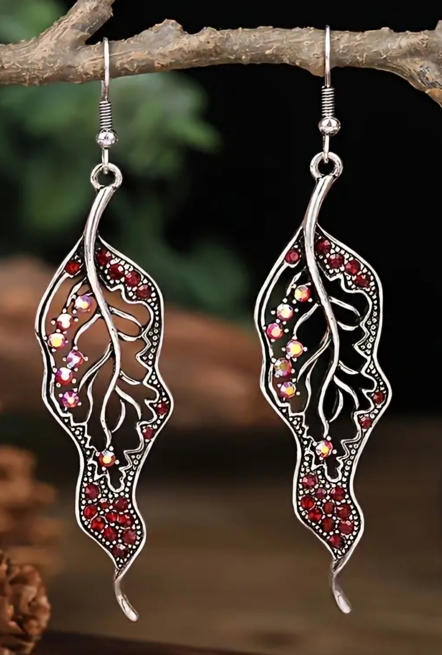 Boho Curly Leaf Leaves Silver Plated Red Rhinestones Drop Dangle Earrings