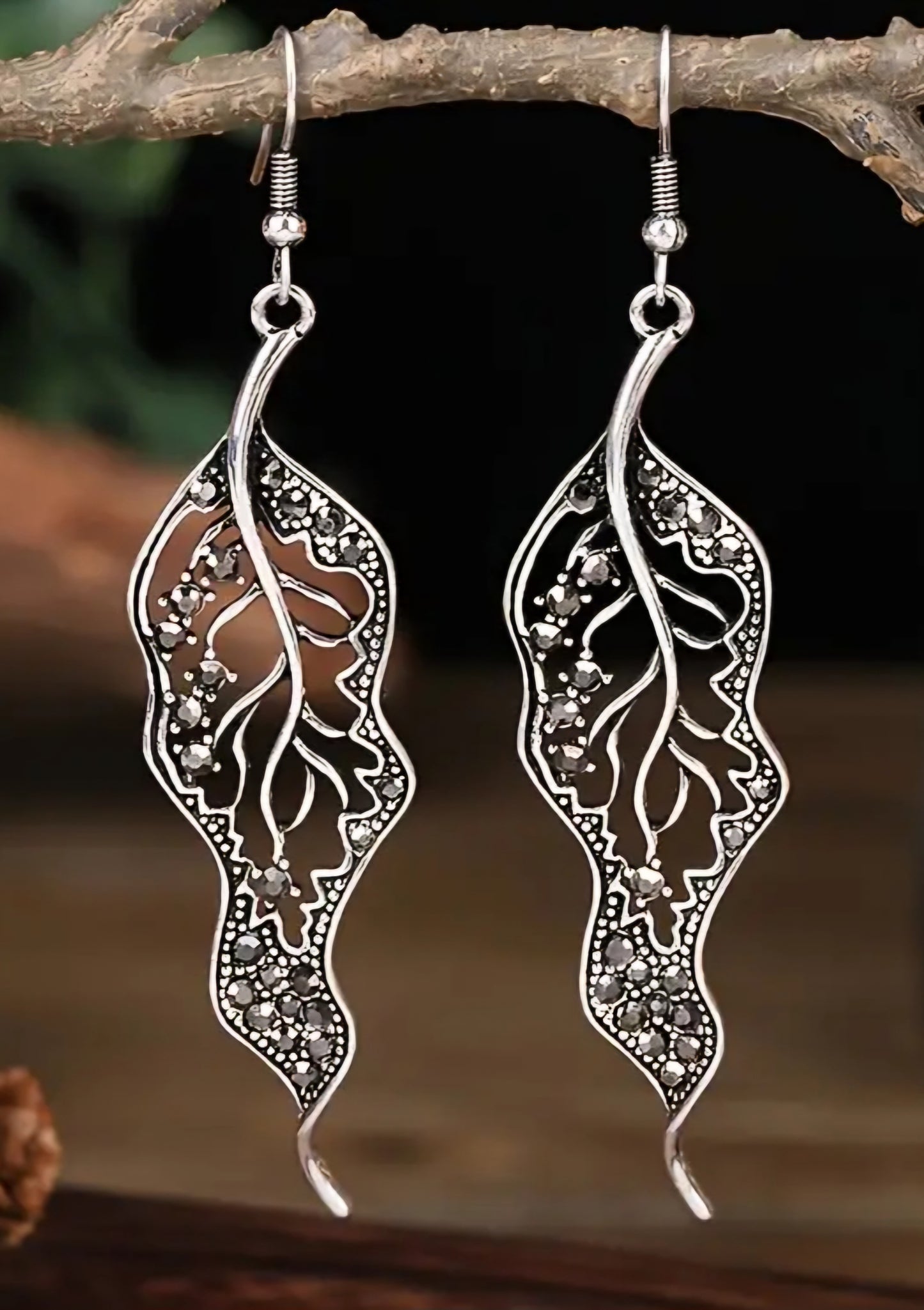 Boho Curly Leaf Leaves Silver Plated Black Rhinestones Drop Dangle Earrings