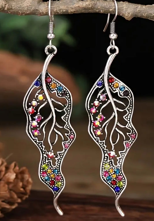 Boho Curly Leaf Leaves Silver Plated Multicoloured  Colourful Rhinestones Drop Dangle Earrings