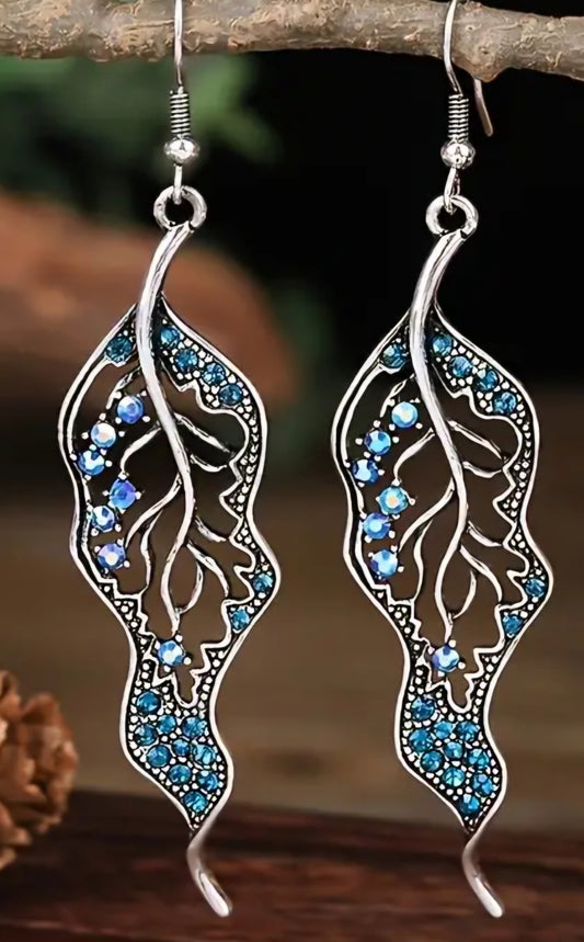 Boho Curly Leaf Leaves Silver Plated Blue Rhinestones Drop Dangle Earrings