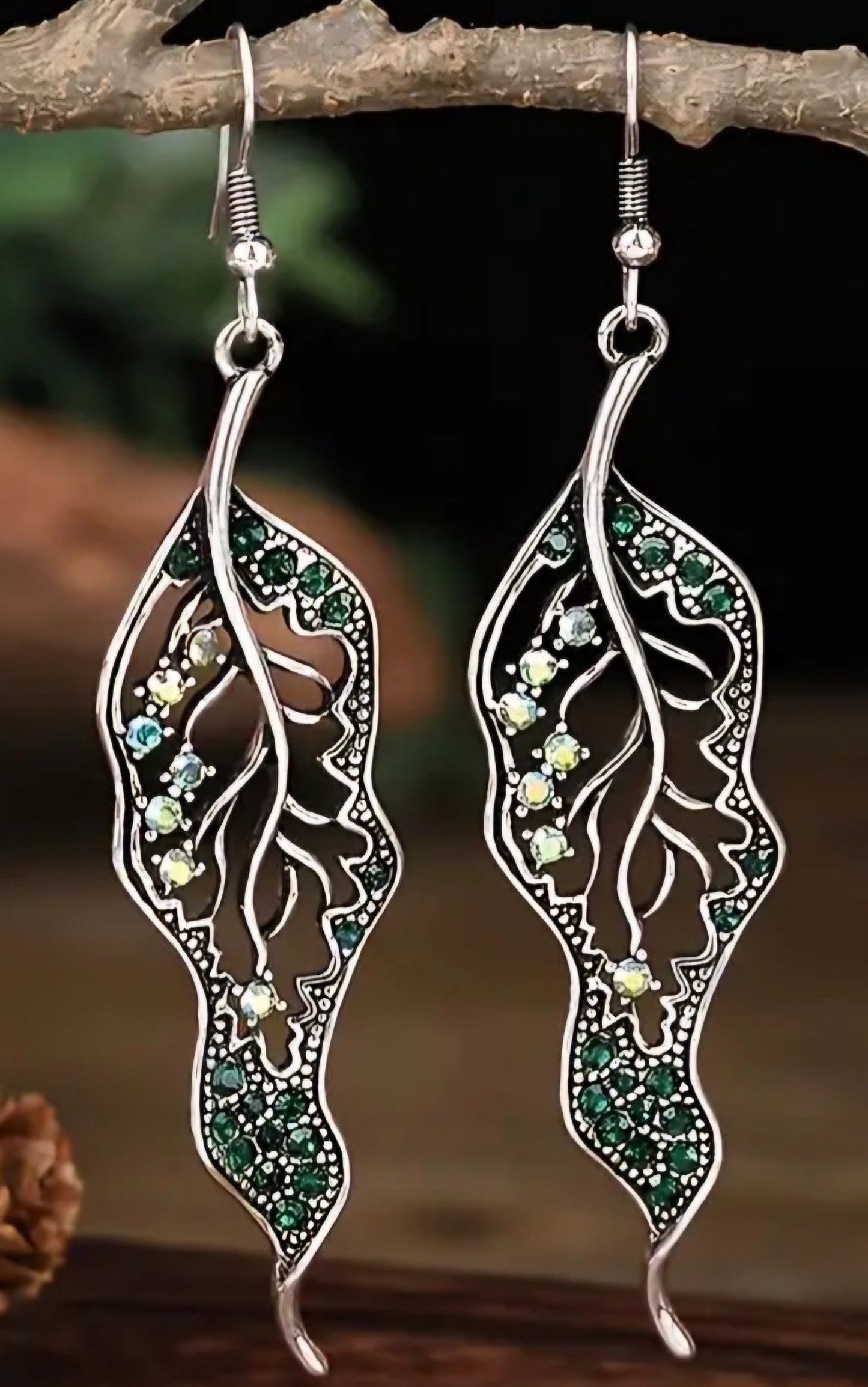 Boho Curly Leaf Leaves Silver Plated Green Rhinestones Drop Dangle Earrings