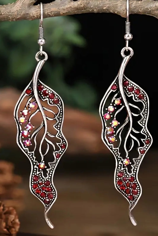 Boho Curly Leaf Leaves Silver Plated Red Rhinestones Drop Dangle Earrings