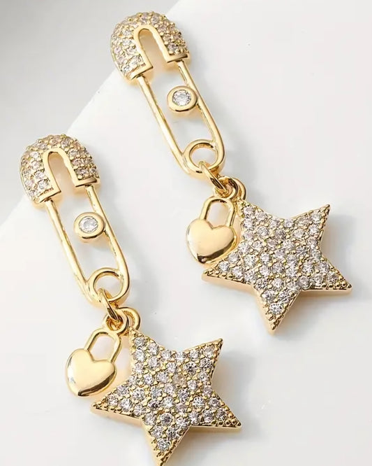 Sparkly Gold Plated Rhinestone Inlay Safety Pin Heart Charm Star Design Drop Earrings