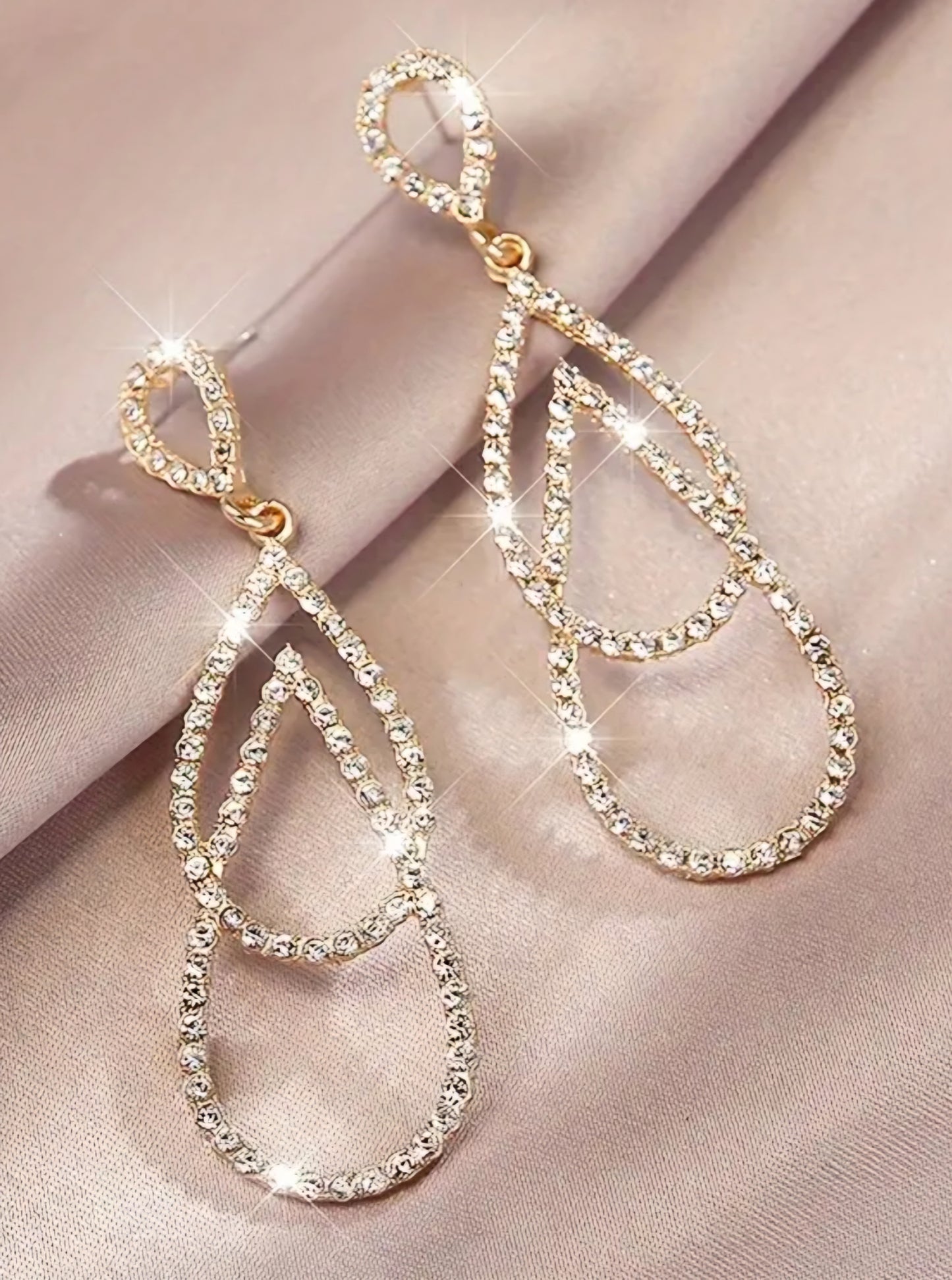 Bling Double Tear Drop Rhinestone Inlay Gold Plated Drop Dangle Earrin