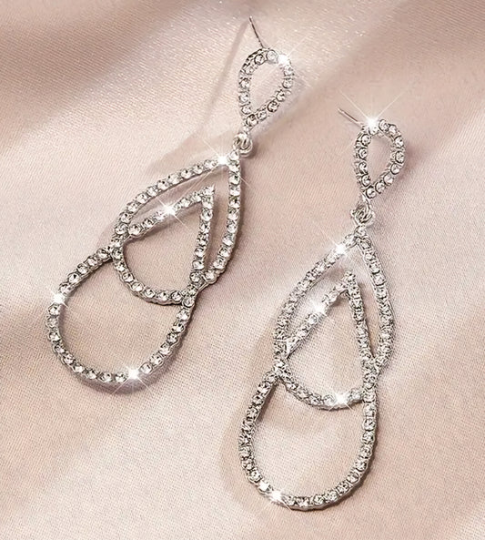 Bling Double Tear Drop Rhinestone Inlay Silver Plated Drop Dangle Earrings