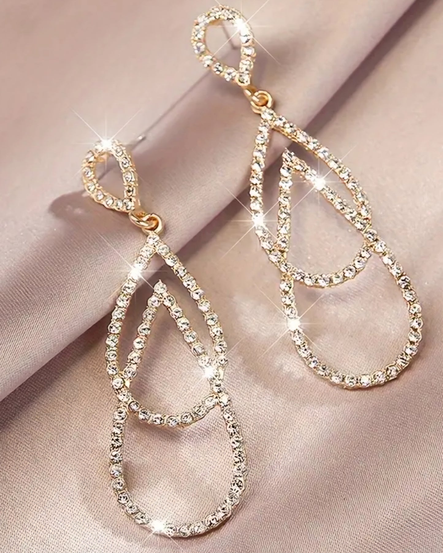 Bling Double Tear Drop Rhinestone Inlay Gold Plated Drop Dangle Earrin