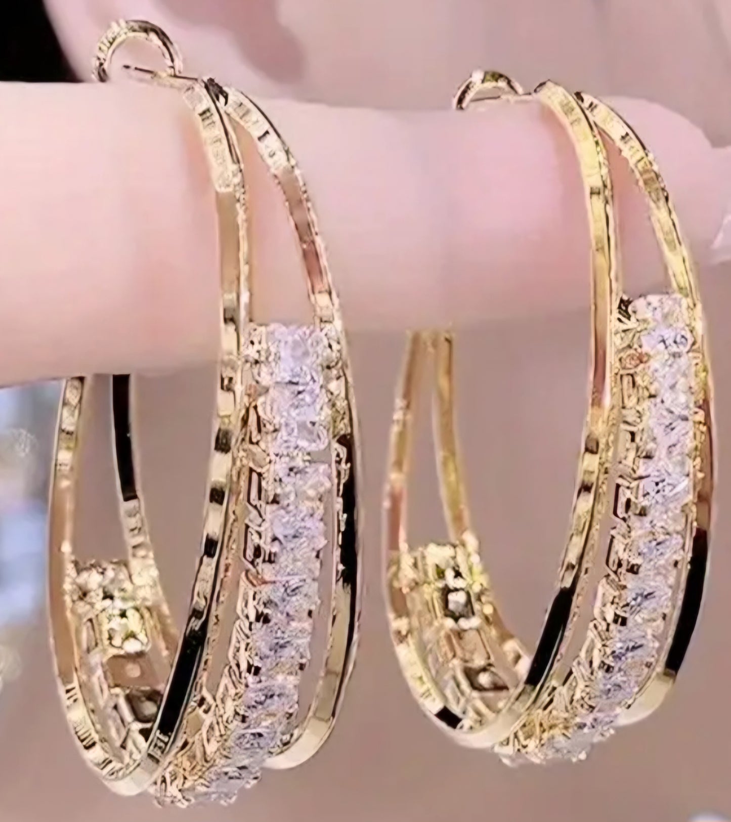 Bling Oval Hoop Rhinestone Inlay Gold Plated Large Drop Earrings