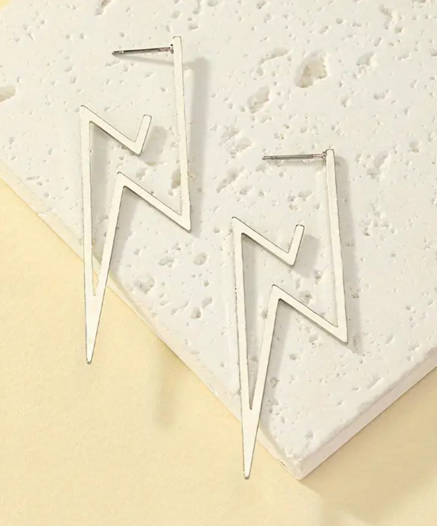 Fine Line Lightning Bolt Design Silver Plated Metal Earrings