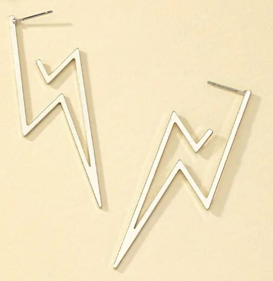 Fine Line Lightning Bolt Design Silver Plated Metal Earrings