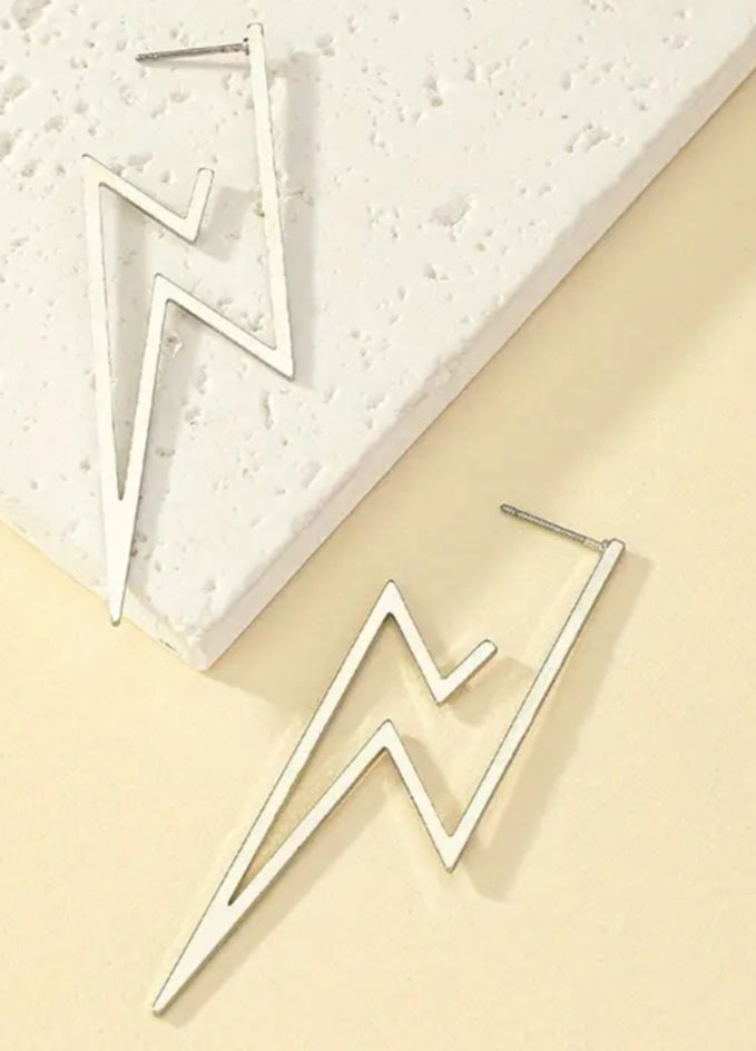 Fine Line Lightning Bolt Design Silver Plated Metal Earrings