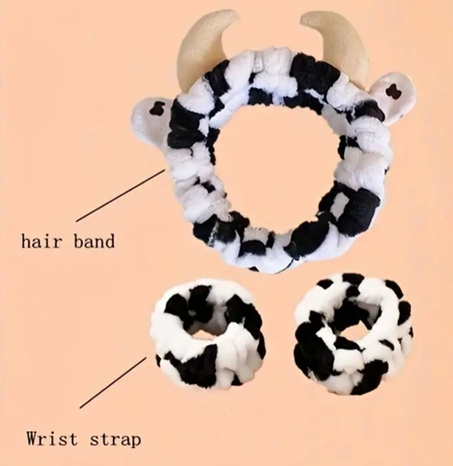 Bath Make Up Wash Cow Design Soft Stretch Headband And Wristband 3 Piece Set