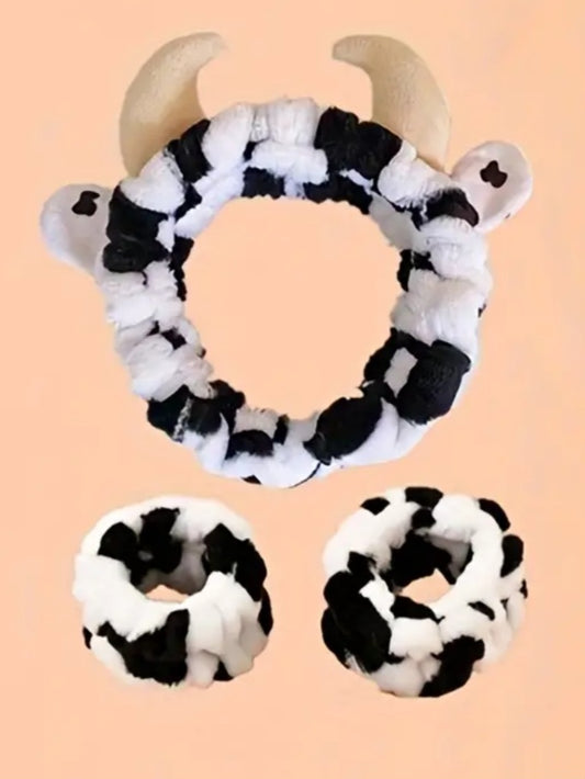 Bath Make Up Wash Cow Design Soft Stretch Headband And Wristband 3 Piece Set