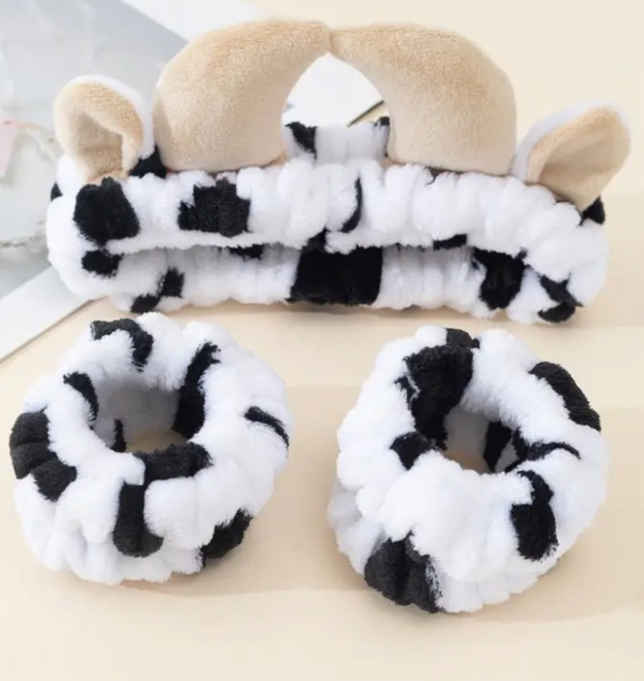 Bath Make Up Wash Cow Design Soft Stretch Headband And Wristband 3 Piece Set