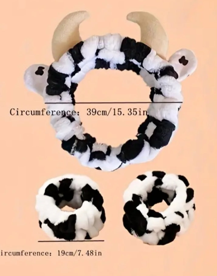 Bath Make Up Wash Cow Design Soft Stretch Headband And Wristband 3 Piece Set