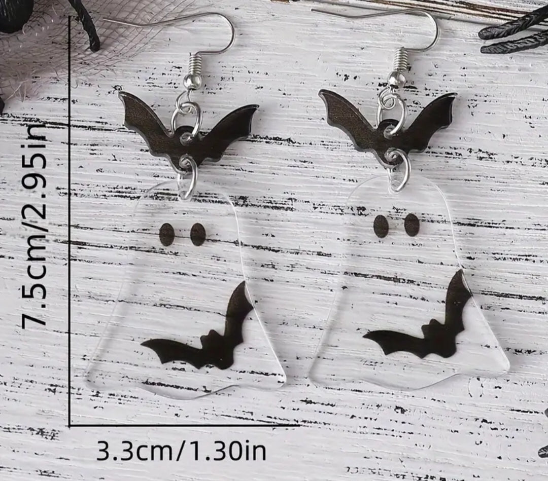 Acrylic Bat Ghost Drops Transparent Dangle Earrings Stainless Steel Hooks Halloween Gothic