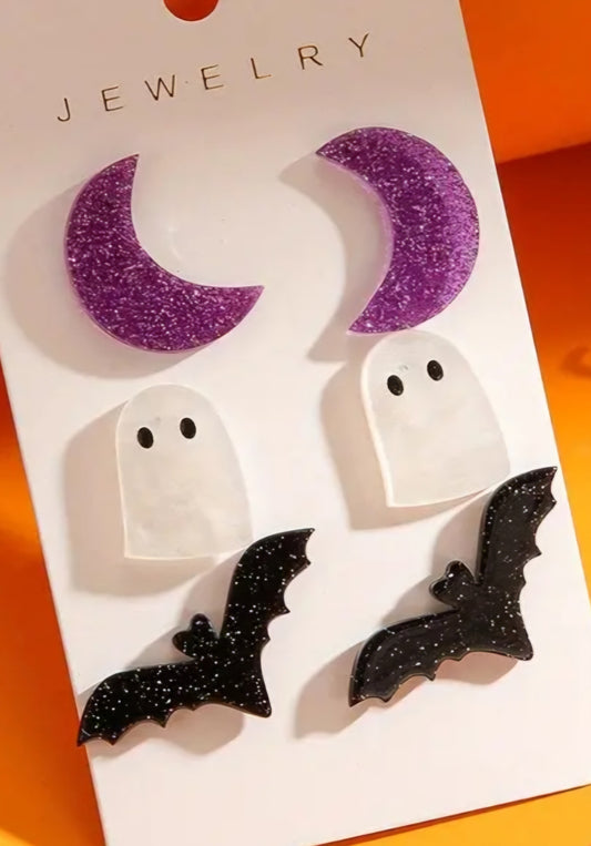 Acrylic Bat Crescent Moon Ghost Acrylic Glitter Stud Earrings 3 Pairs