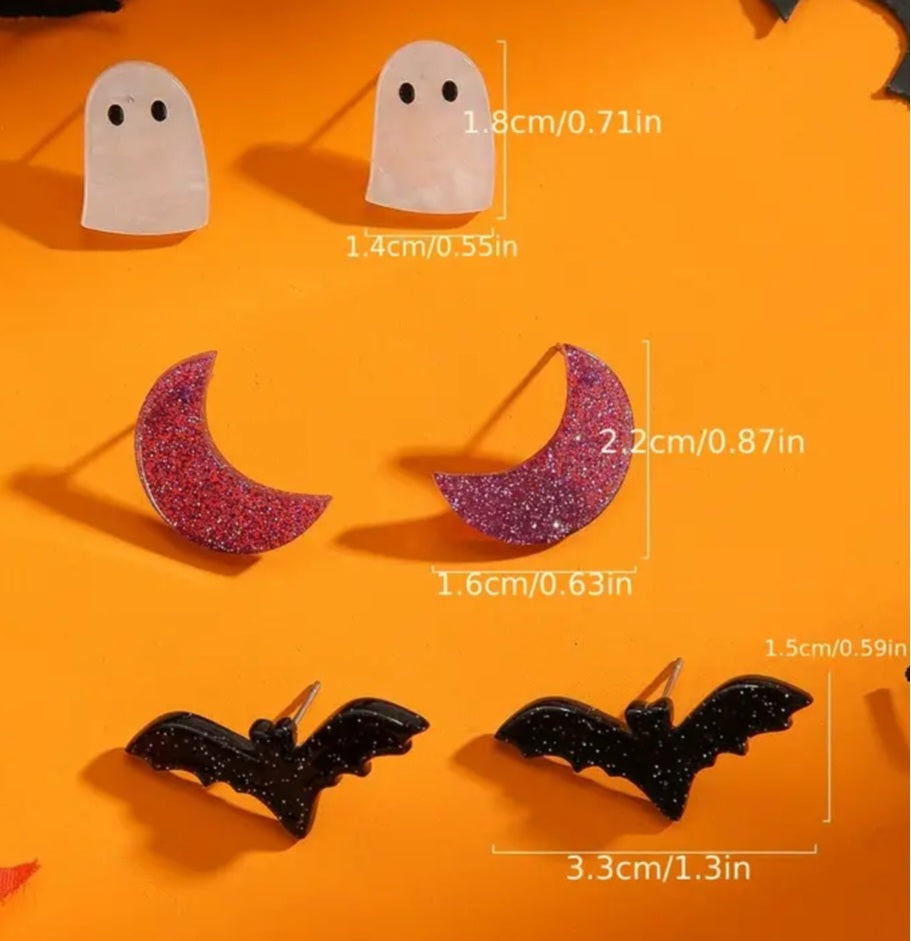 Acrylic Bat Crescent Moon Ghost Acrylic Glitter Stud Earrings 3 Pairs