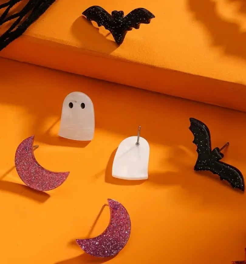 Acrylic Bat Crescent Moon Ghost Acrylic Glitter Stud Earrings 3 Pairs