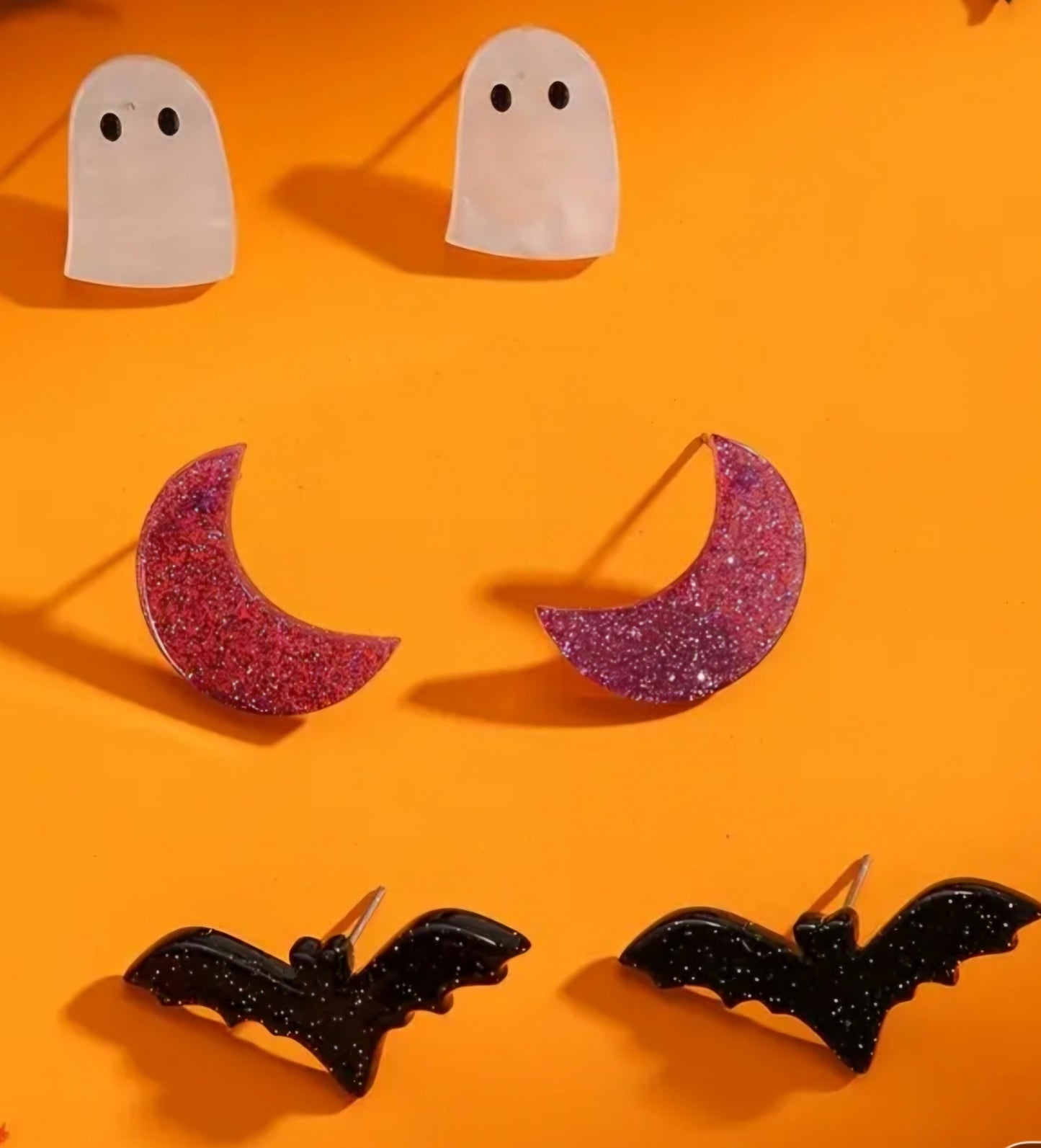 Acrylic Bat Crescent Moon Ghost Acrylic Glitter Stud Earrings 3 Pairs