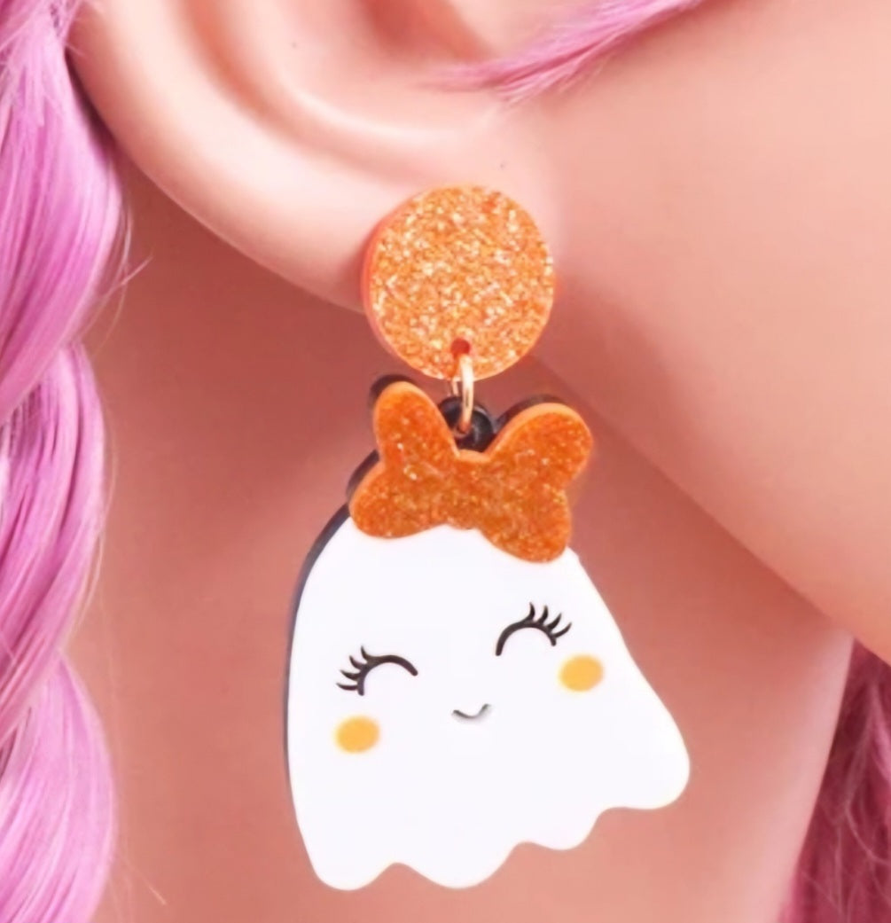 Acrylic Cartoon Glitter Bow Cute Ghost Halloween Drop Dangle Earrings