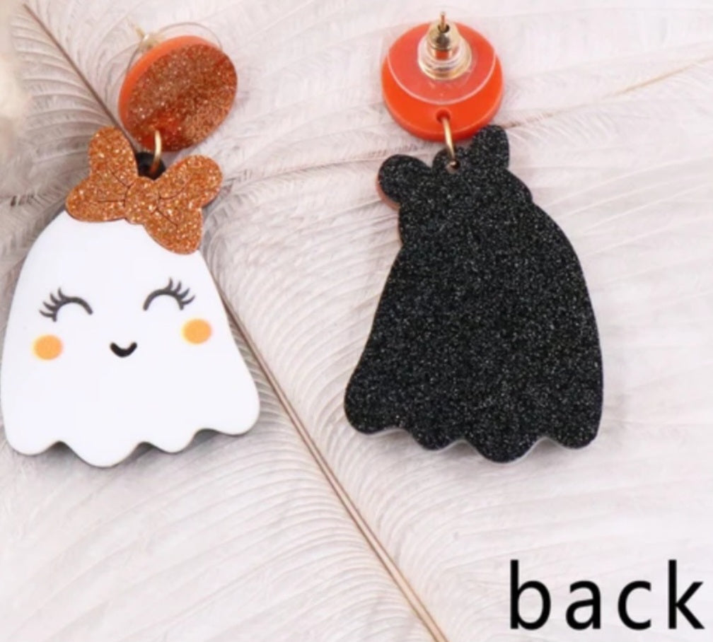 Acrylic Cartoon Glitter Bow Cute Ghost Halloween Drop Dangle Earrings