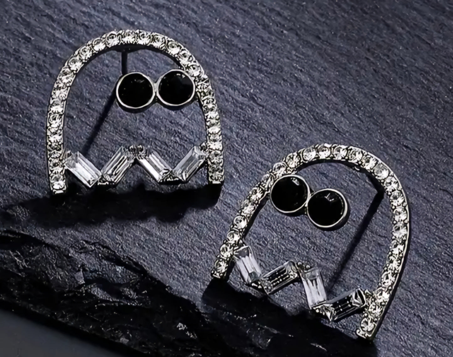 Bling Ghost PacMan Inspired Rhinestone Silver Plated Unique Halloween Stud Earrings