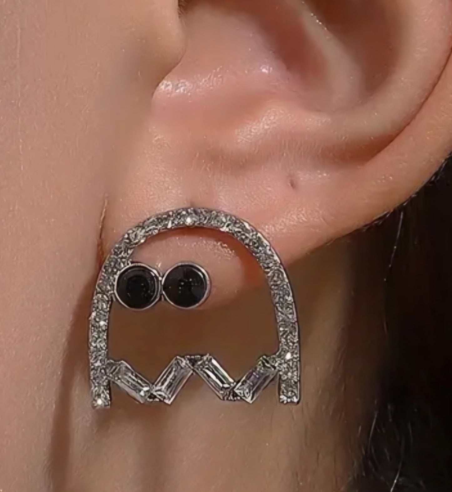 Bling Ghost PacMan Inspired Rhinestone Silver Plated Unique Halloween Stud Earrings