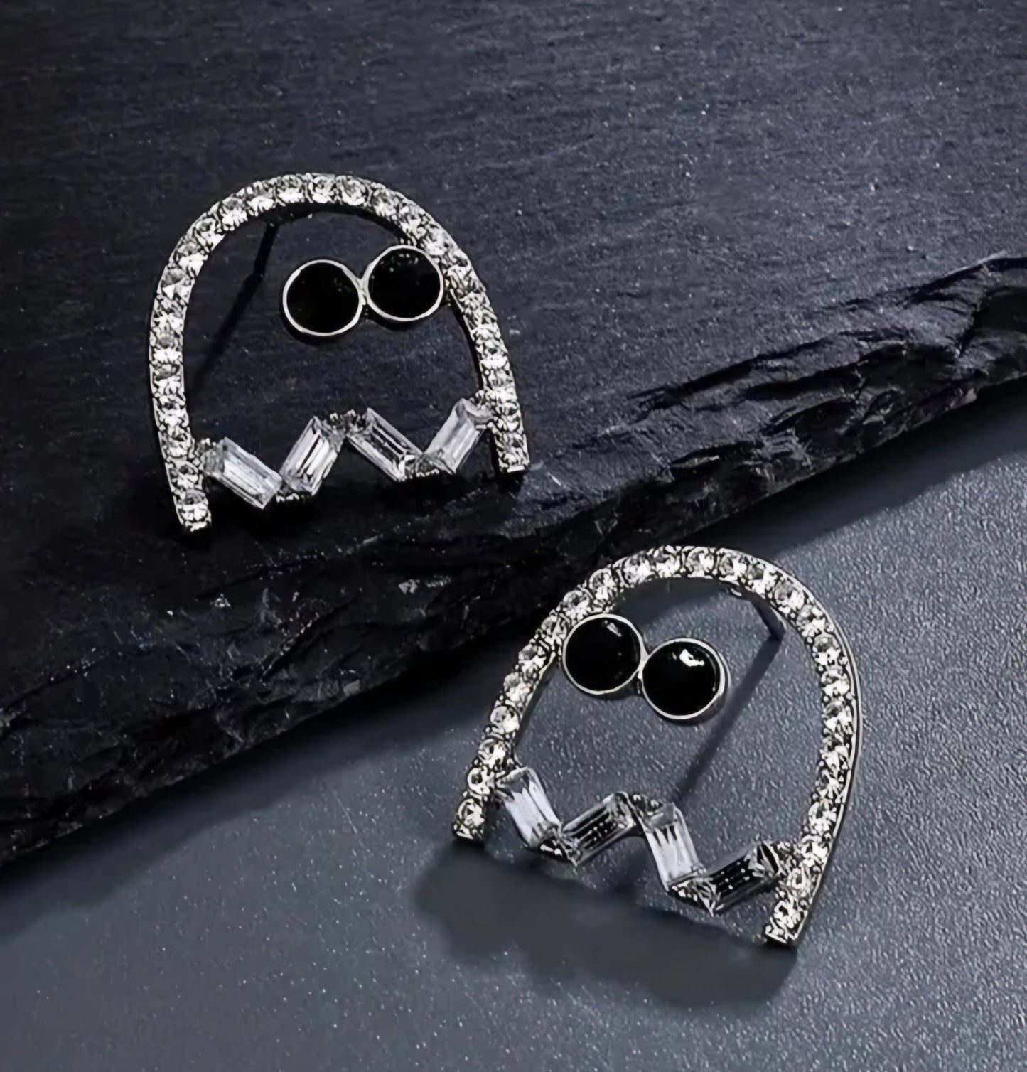 Bling Ghost PacMan Inspired Rhinestone Silver Plated Unique Halloween Stud Earrings