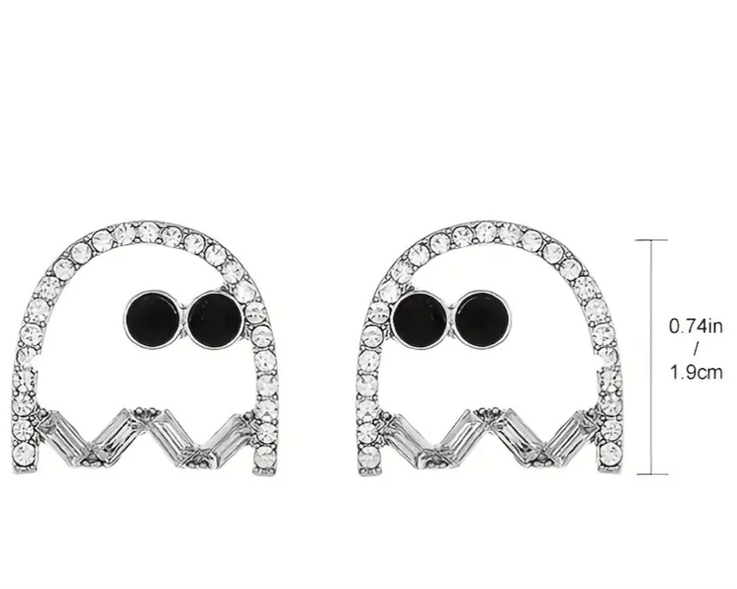 Bling Ghost PacMan Inspired Rhinestone Silver Plated Unique Halloween Stud Earrings