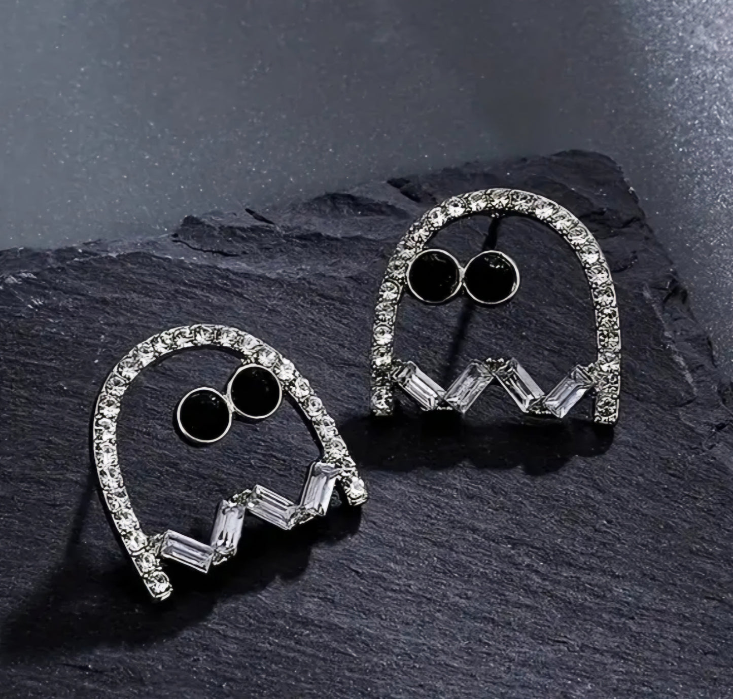 Bling Ghost PacMan Inspired Rhinestone Silver Plated Unique Halloween Stud Earrings