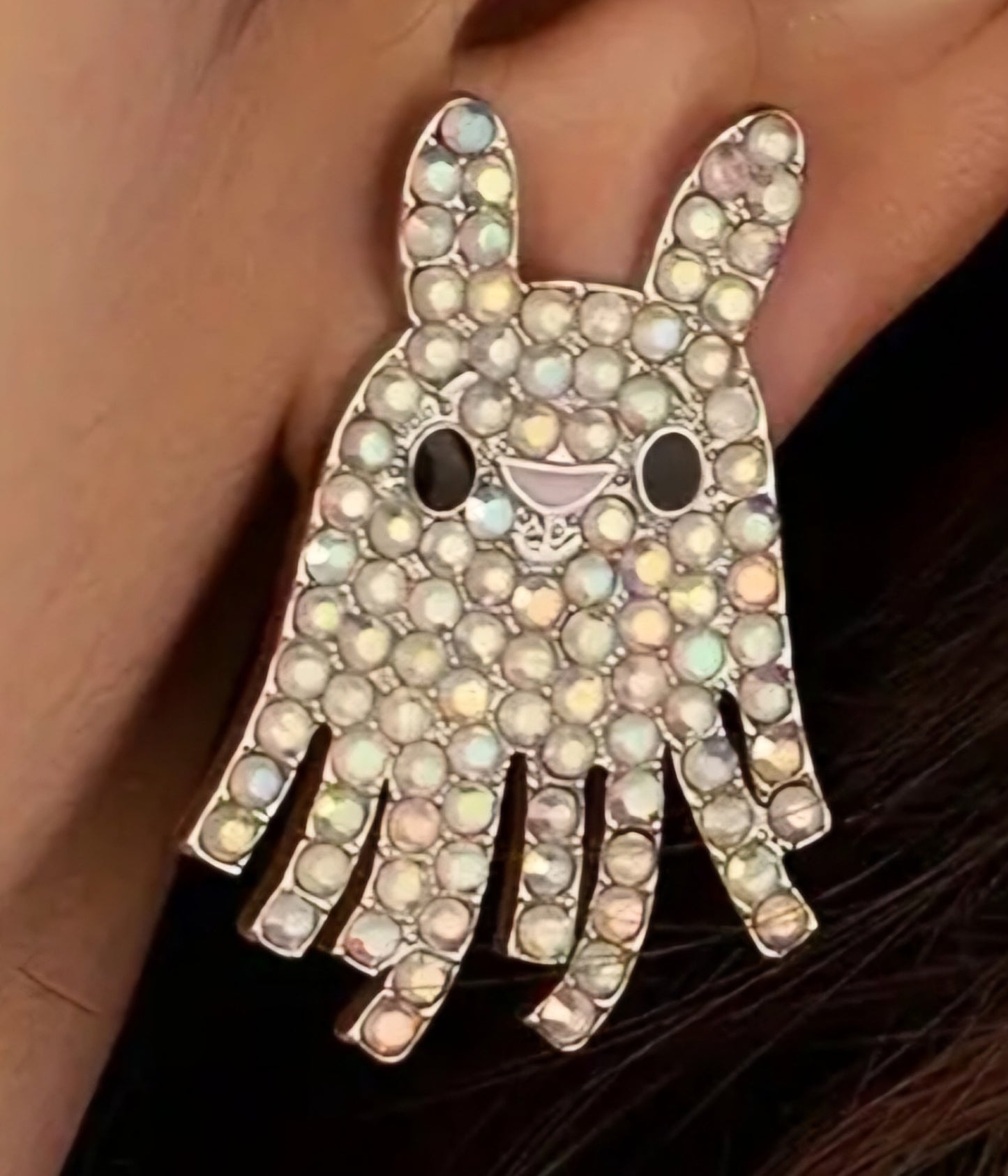 Cartoon Bunny Rabbit Ghost Halloween Fun Extra Large Iridescent Rhinestone Metal Stud Earrings