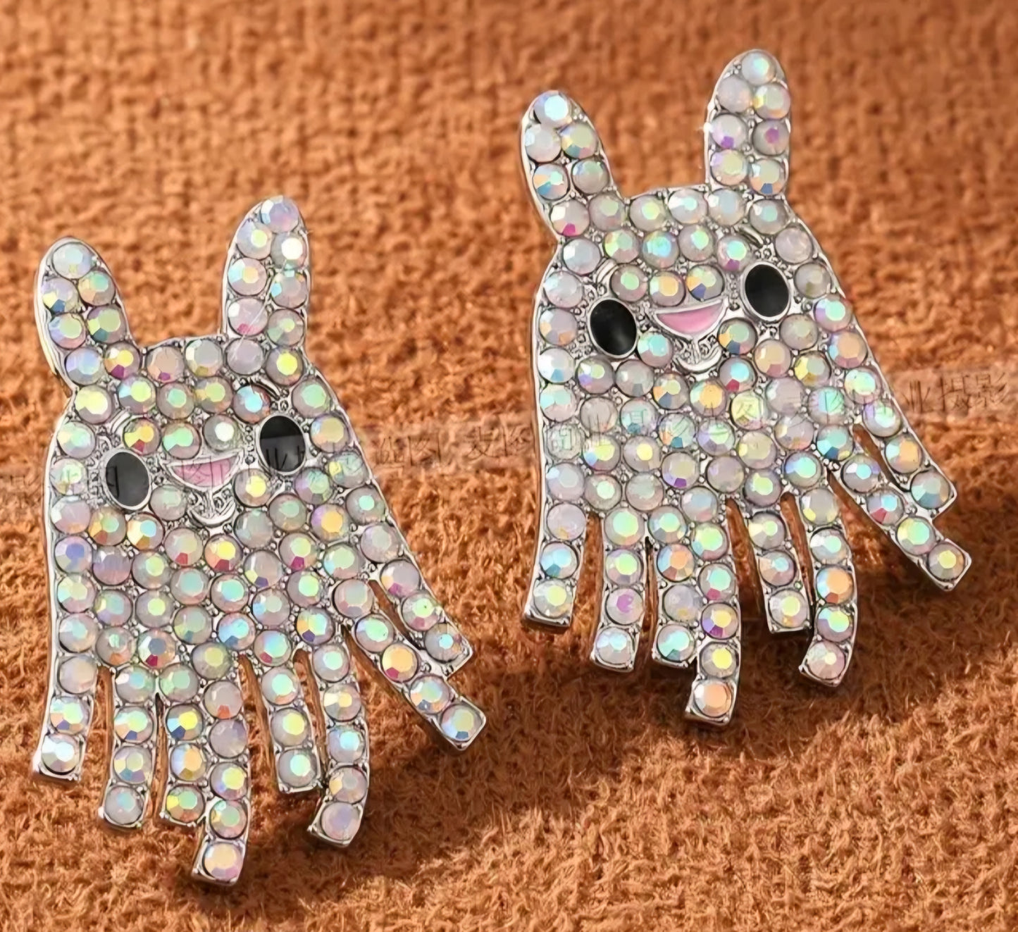 Cartoon Bunny Rabbit Ghost Halloween Fun Extra Large Iridescent Rhinestone Metal Stud Earrings