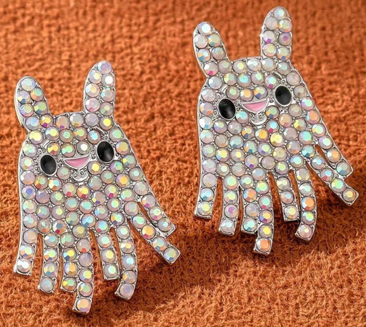 Cartoon Bunny Rabbit Ghost Halloween Fun Extra Large Iridescent Rhinestone Metal Stud Earrings