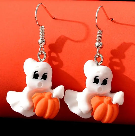 Cute Cartoon Ghost Carrying Pumpkin Halloween Resin Drop Earrings