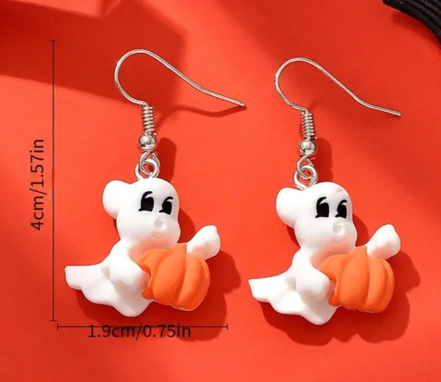 Cute Cartoon Ghost Carrying Pumpkin Halloween Resin Drop Earrings