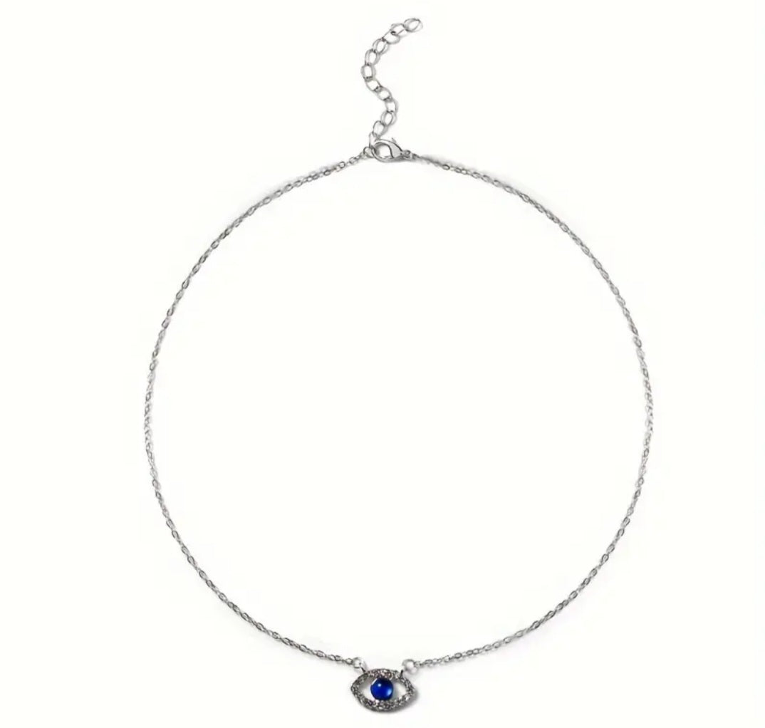 Dainty Silver Plated Rhinestone Inlay Evil Eye Good Luck Protection Pendant Necklace