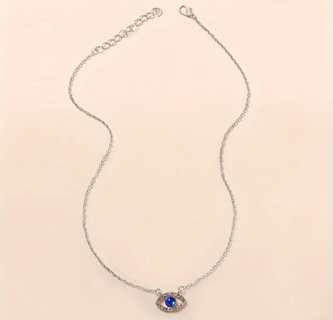 Dainty Silver Plated Rhinestone Inlay Evil Eye Good Luck Protection Pendant Necklace