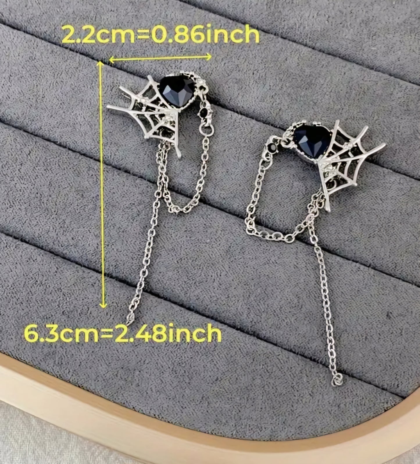 Gothic Black Rhinestone Heart Silver Plated Spider Web With Chain Design Halloween Stud Earrings