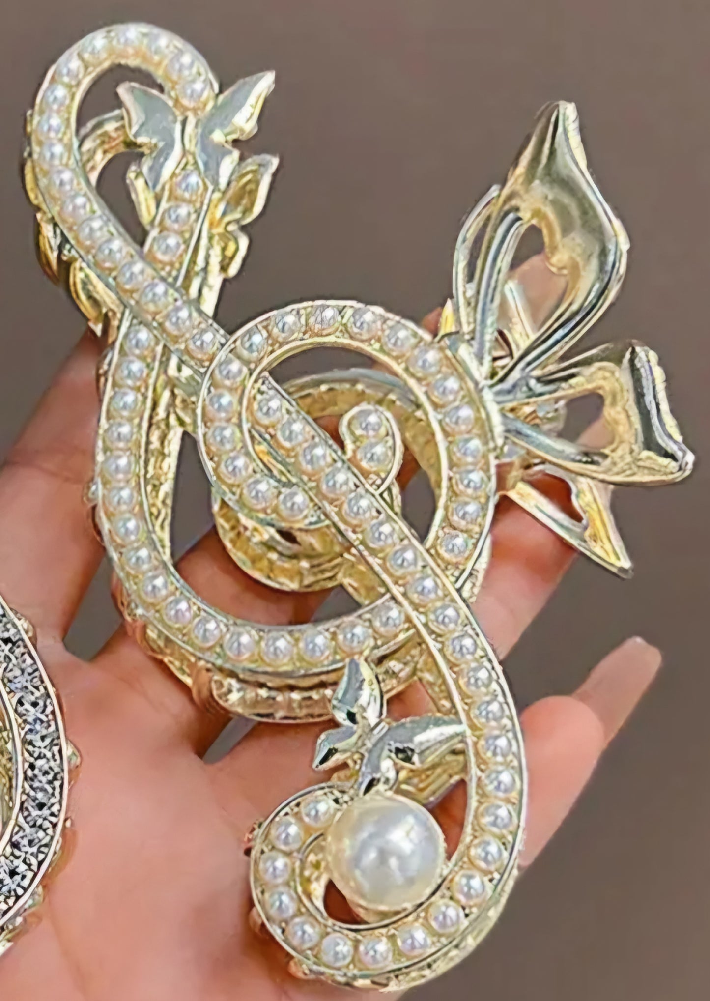 Bling Butterfly Treble Clef Music Large Hair Claw Clip Gold Plated With Faux Pearl Design