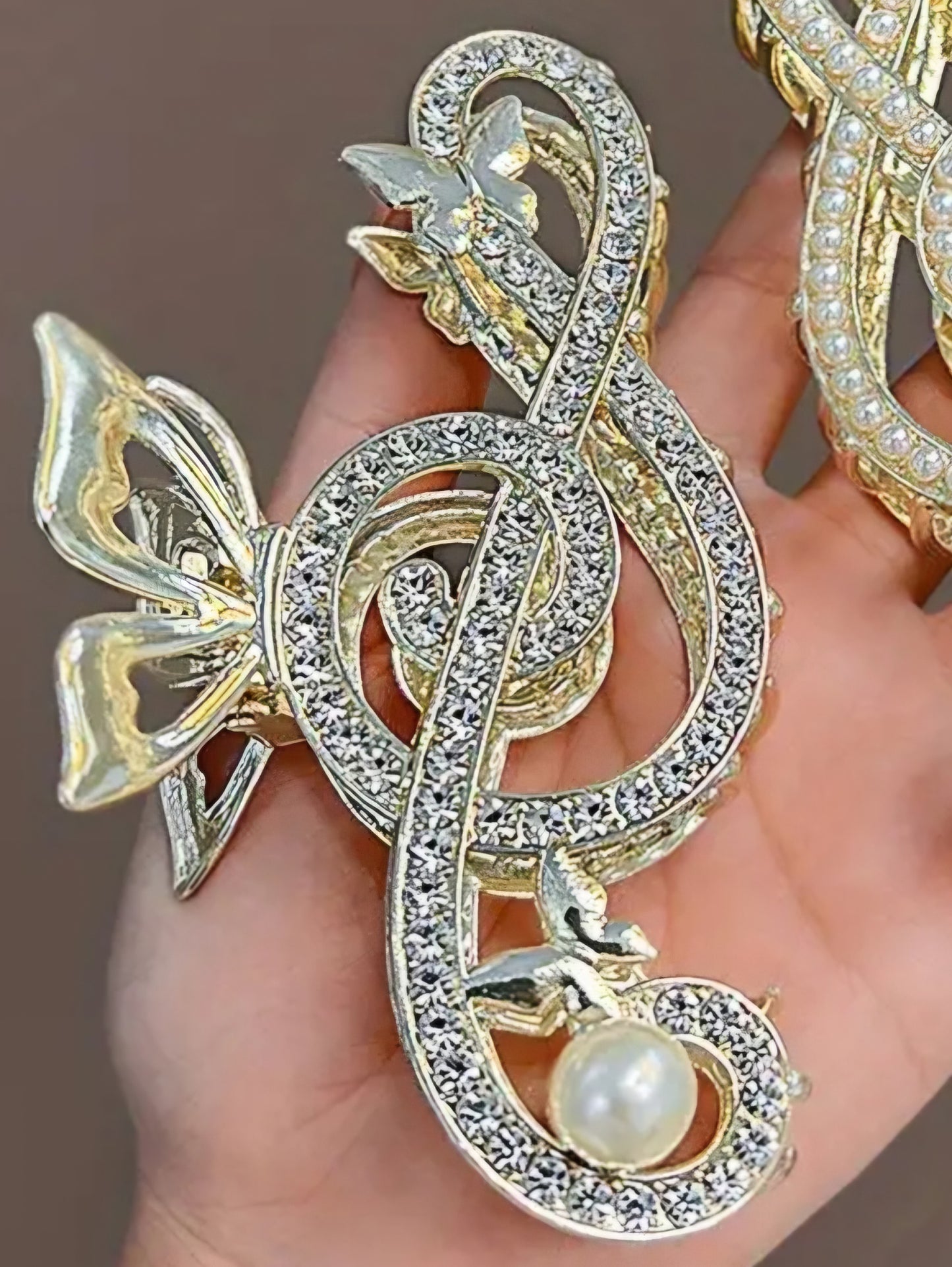 Bling Butterfly Treble Clef Music Large Hair Claw Clip Gold Plated With Faux Pearl Rhinestone Design