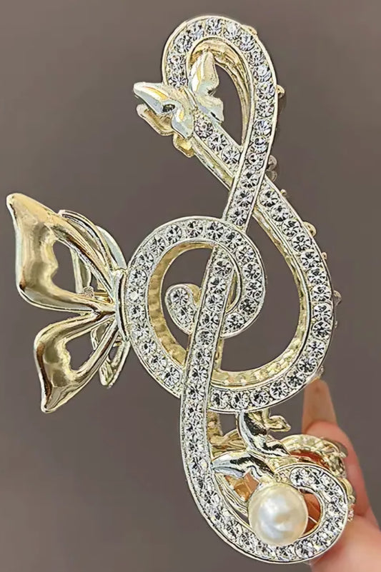 Bling Butterfly Treble Clef Music Large Hair Claw Clip Gold Plated With Faux Pearl Rhinestone Design