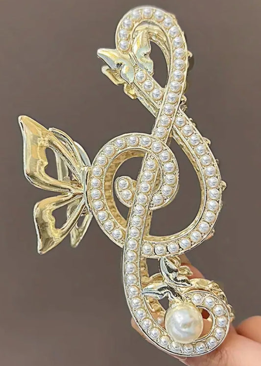 Bling Butterfly Treble Clef Music Large Hair Claw Clip Gold Plated With Faux Pearl Design