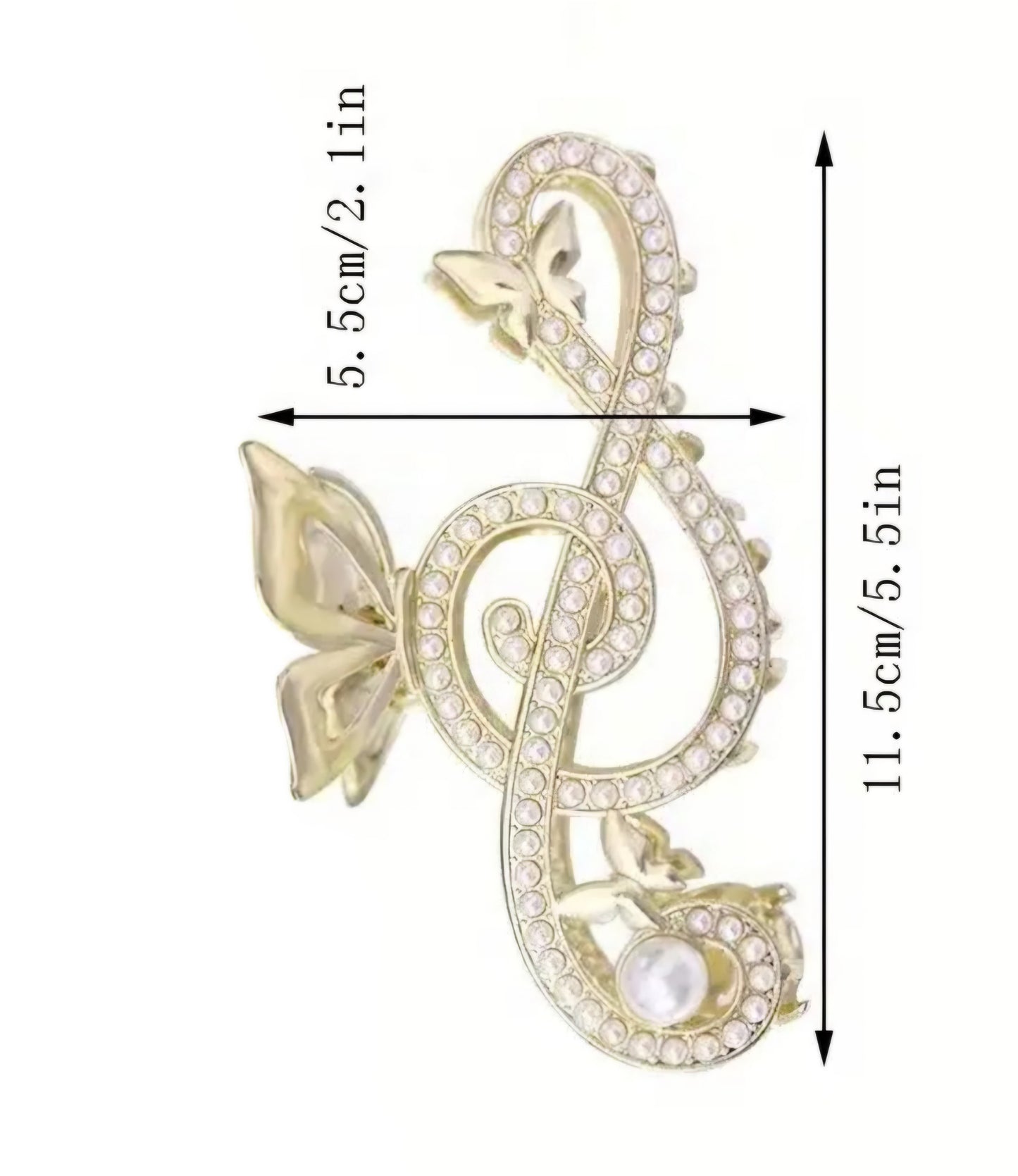 Bling Butterfly Treble Clef Music Large Hair Claw Clip Gold Plated With Faux Pearl Design