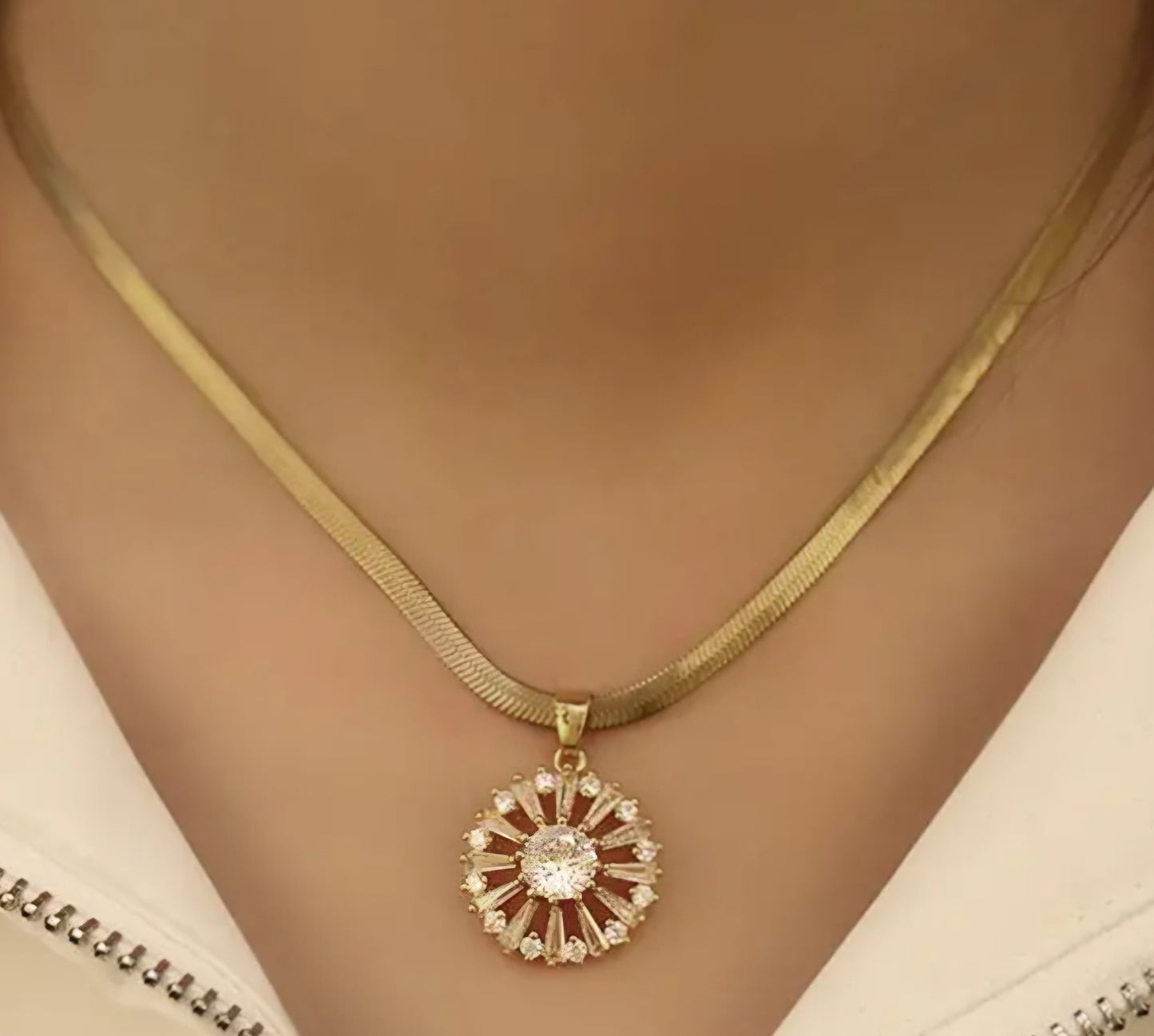 Gold Plated Copper Filled Flower Shaped Cubic Zircon Pendant With Flat Herringbone Link Chain Necklace Set