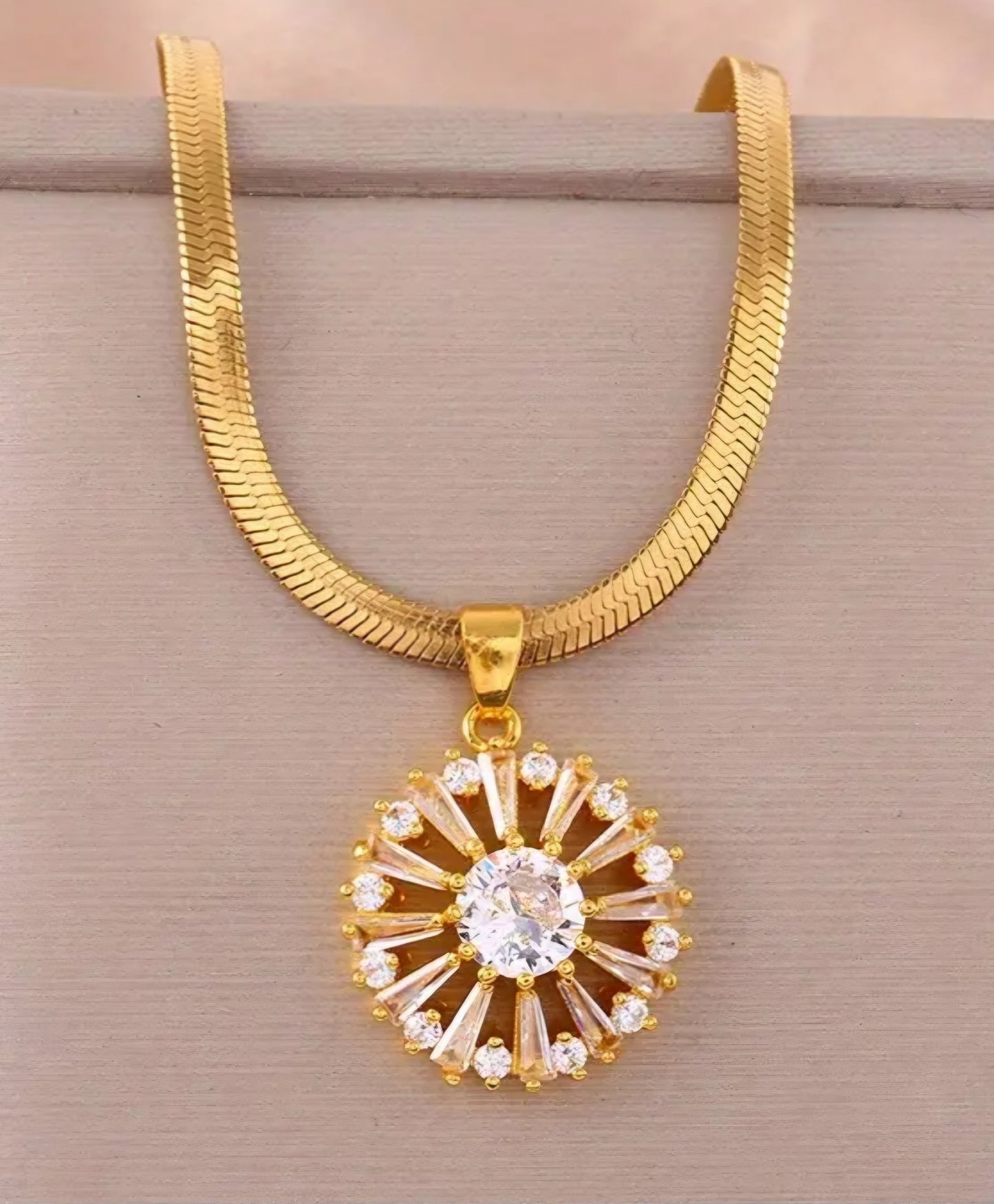 Gold Plated Copper Filled Flower Shaped Cubic Zircon Pendant With Flat Herringbone Link Chain Necklace Set