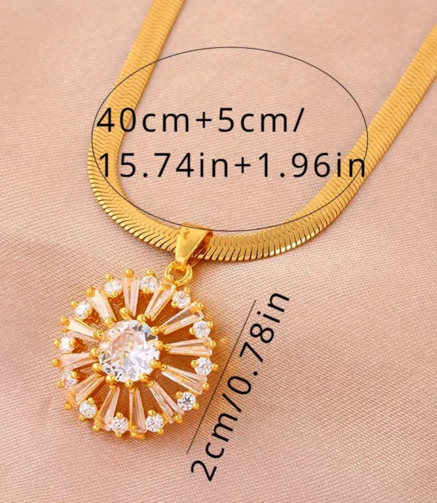 Gold Plated Copper Filled Flower Shaped Cubic Zircon Pendant With Flat Herringbone Link Chain Necklace Set